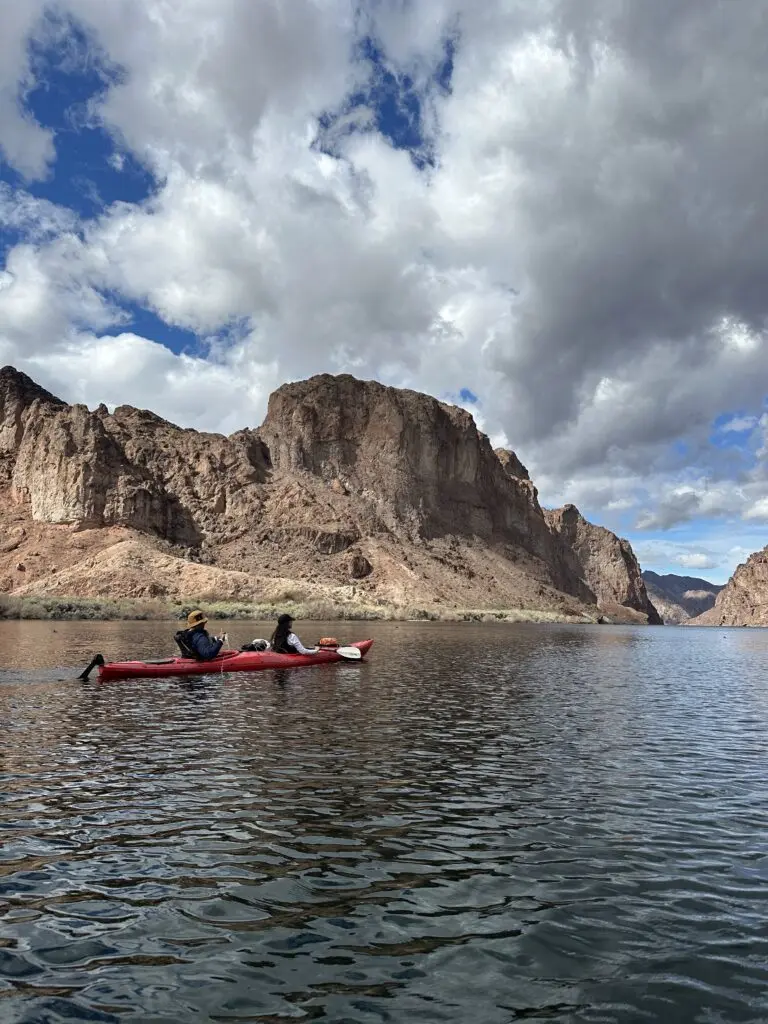 Blazing paddles flat water kayaking on the Colorado River.
