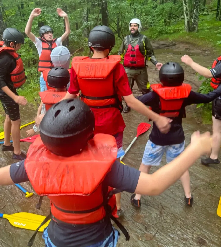 Kosir's Rafting, doing a fun skill test and warmup before the trip.