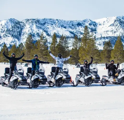 A group of snowmobilers in Tahoe.