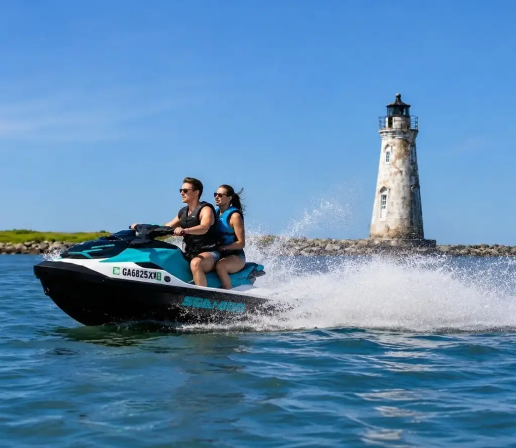 Jet ski in front of light house tybee island.